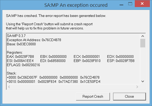 Краш в SA-MP 0.3.7 Exception at address (0x00000000, 0x00746929, 0x0040fb80) — що робити