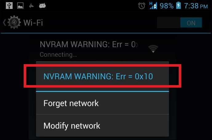 Лікування помилки NVRAM WARNING: Err = 0x10 через інженерне меню