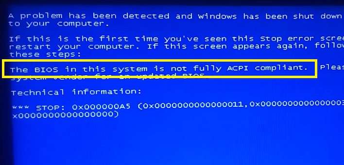 The BIOS in this system is not fully ACPI compliant — що робити