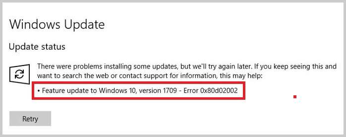 Оновлення функцій Windows 10 версія 1709 Помилка 0x80d02002